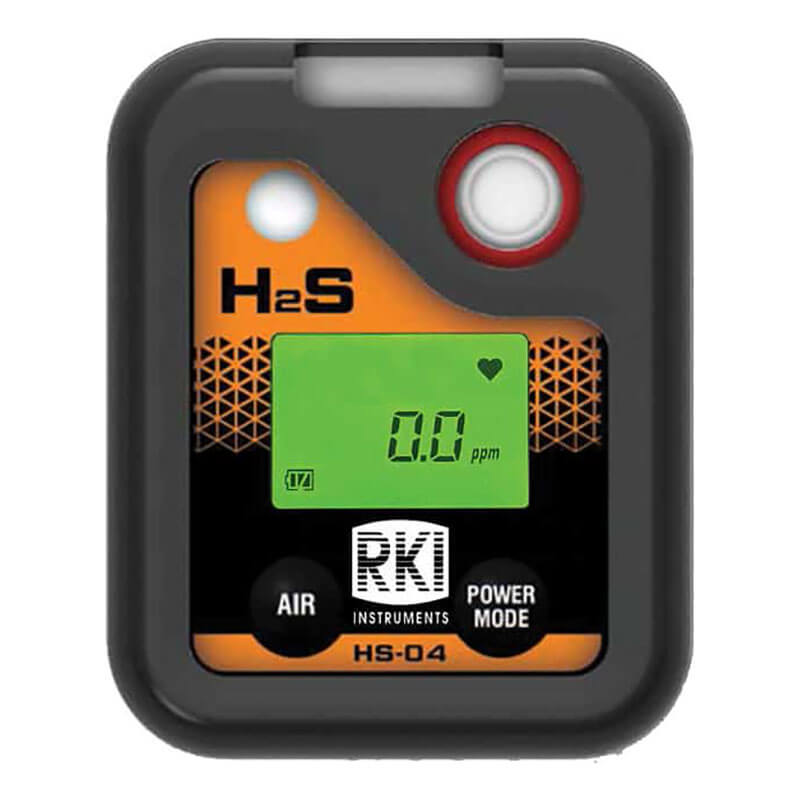 The RKI Instruments HS-04 Series H2S Single Gas Monitor (73-0063) from RKI Instruments features a digital display showing "0.0 ppm" for H2S, with "Air" and "Power Mode" buttons, providing reliable hydrogen sulfide monitoring.