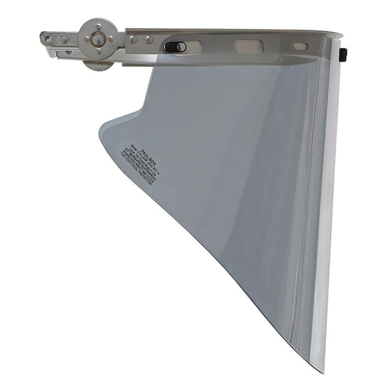 The NSA Clear Aluminized High Heat Faceshield HS-ALUM-MB by NSA features a curved clear shield, metal mounting bracket, and is shown side-on against a white background, providing excellent impact protection.