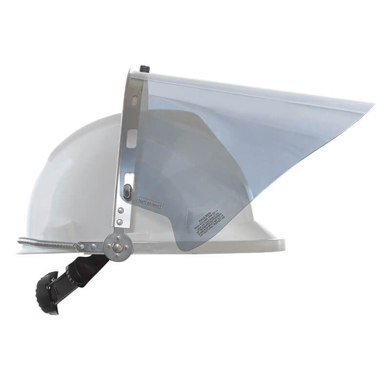 The NSA Clear Aluminized High Heat Faceshield HS-ALUM-MB by NSA is shown from the side, featuring a clear face shield attached to a white helmet for impact protection against a plain background.