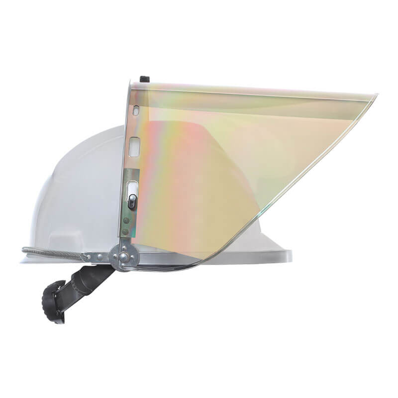 The NSA Gold Extreme Heat Faceshield HS-GOLD-MB by NSA features a white helmet, large iridescent face shield for enhanced durability and impact protection, and an adjustable black strap at the back.