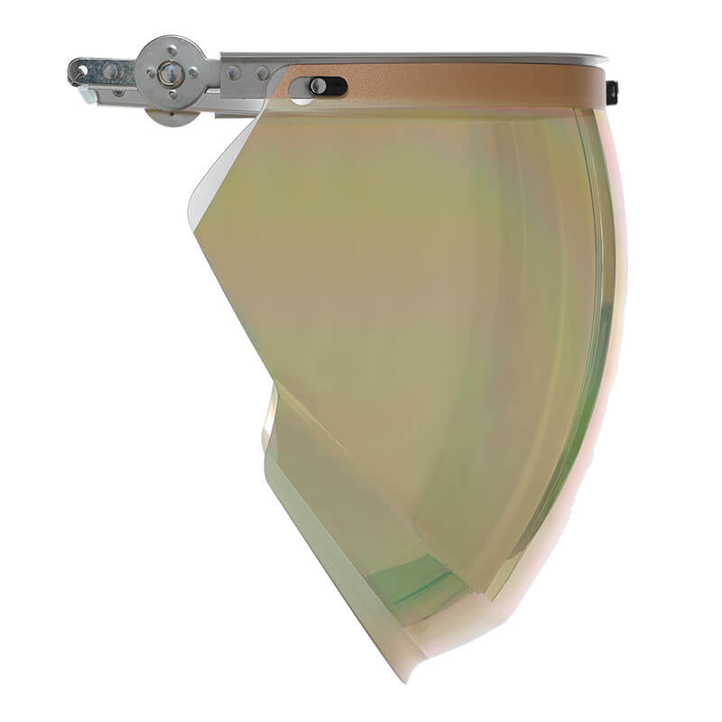 Side view of the NSA Gold XTR Extreme Heat Faceshield HS-XTR-GOLD-MB featuring a transparent, slightly tinted shield with a metal hinge and top attachment bracket for head protection and clear visibility.