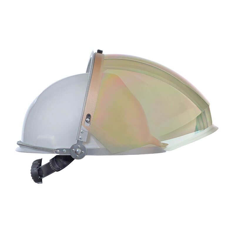 The NSA Gold XTR Extreme Heat Faceshield HS-XTR-GOLD-MB by NSA, shown in side view, features a helmet with an attached gold-tinted shield that extends over the front, providing enhanced facial protection and impact resistance.