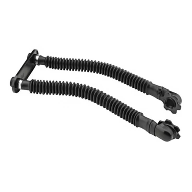 The Honeywell North Backpack Respirator Adapter by NORTH includes a pair of flexible black accordion-style hoses with connectors at each end, specifically designed for easy attachment to welding respirators. These NIOSH-certified hoses are constructed from durable materials and have a ridged surface that allows for flexibility and extension, providing protection against chemical contamination.