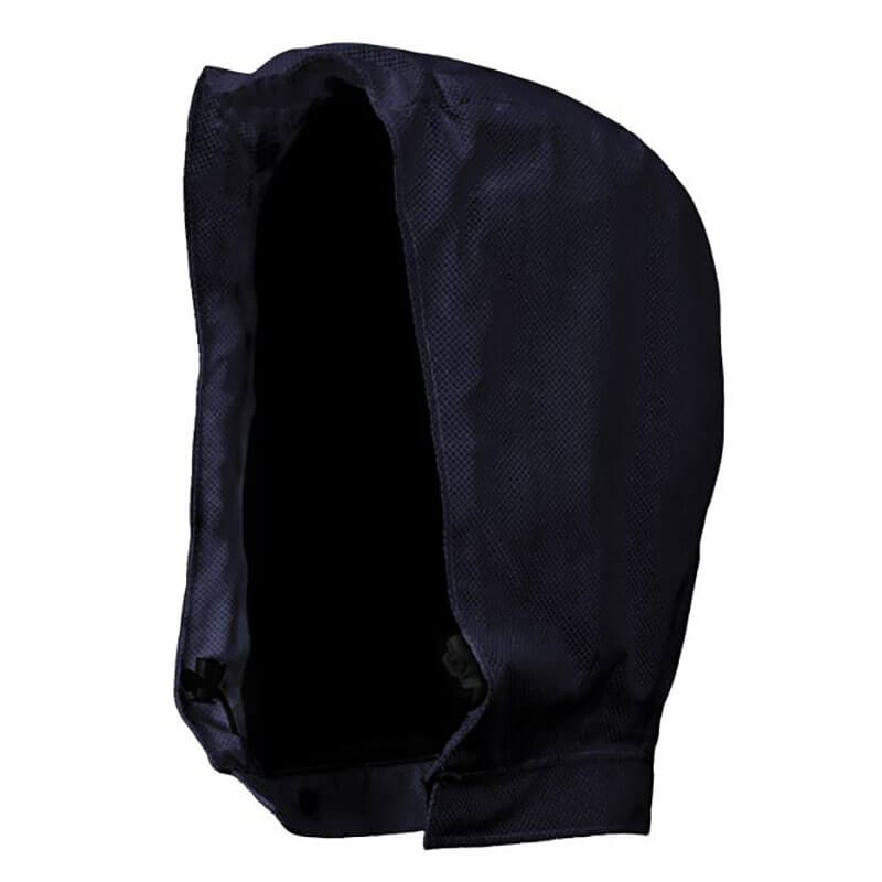 The NSA DRIFIRE HYDROflash FR Foul Weather Hood HYDROFLASHH-N is a black, flame-resistant fabric hood with an open front and no visible fastenings, designed for arc flash protection and shown isolated on a white background.