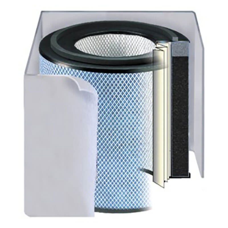 The Austin Air HealthMate Filter FR400 by Austin Air Systems features a cylindrical design with a mesh exterior and cutaway display, showcasing its medical grade HEPA filter layers for effective indoor air pollutant removal.