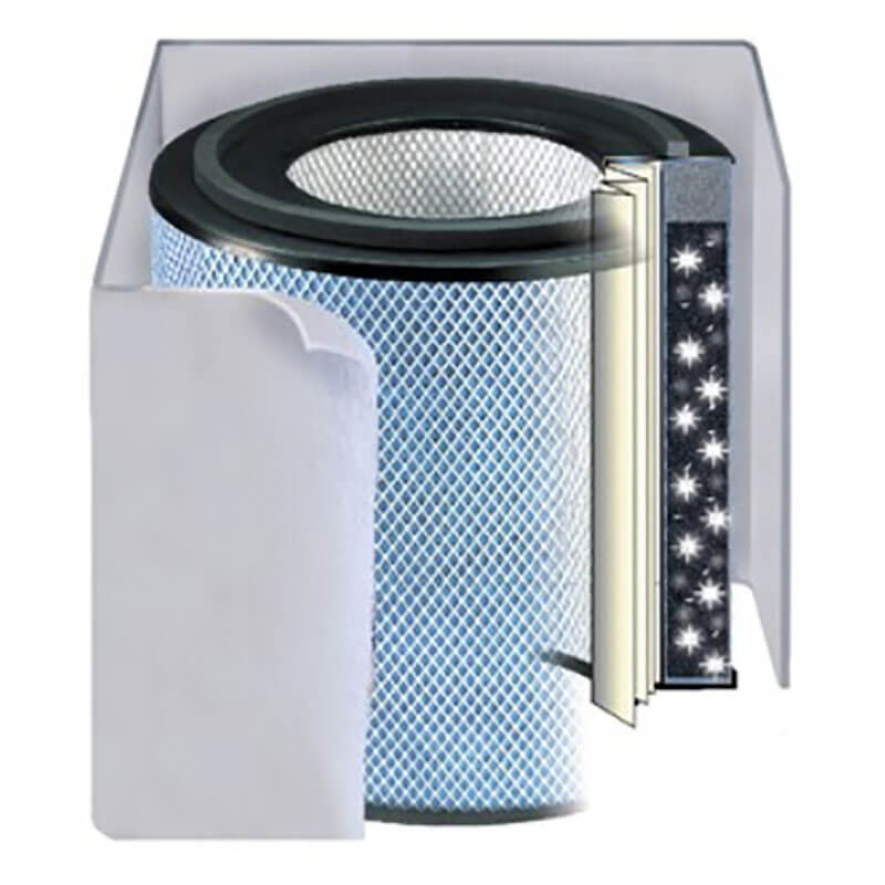 A cutaway of the Austin Air Systems HealthMate Plus Junior Filter FR250 displays its mesh pre-filter, medical grade HEPA filter, and activated carbon layer, with a section revealing the interior filtration components.
