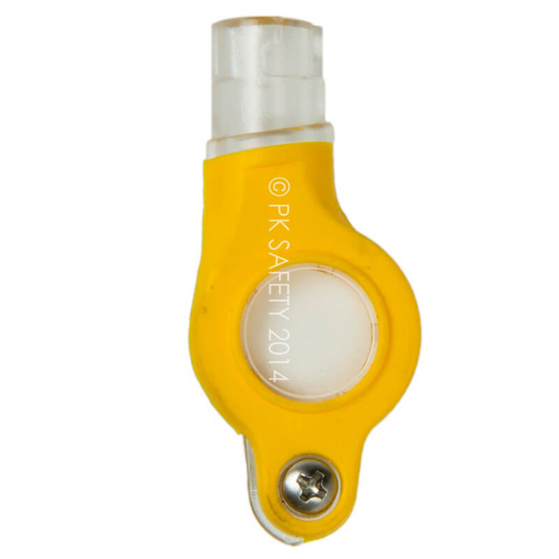 Close-up of a yellow calibration cap featuring a clear center, marked "© PK Safety Supply 2014." A metal screw is perched on top, perfectly compatible with the BW Honeywell Hydrophobic Pump Filter Replacements, ensuring seamless integration.