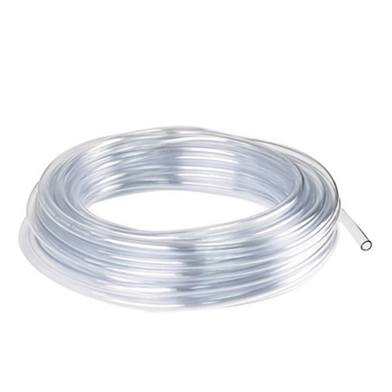 A clear, flexible plastic tube from the RKI GX-3R Bundle by PK Safety, coiled with one open end visible, arranged in a circular shape against a white background.
