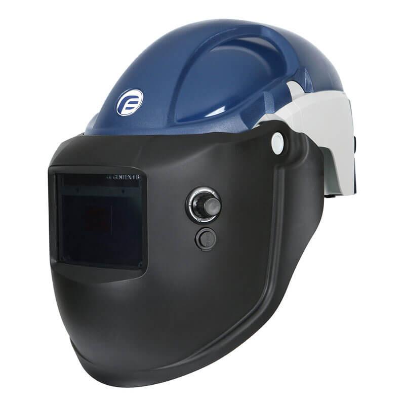 The PureFlo 3000 PAPR Welding helmet, by Pureflo, is available in black and blue. It features a large viewing window and adjustable straps for added comfort. With two control dials on the front for easy settings adjustment, this NIOSH-approved product ensures safety without compromising on convenience.