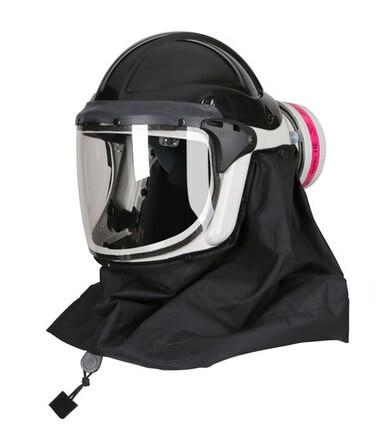The Pureflo ESM+ PF60 PAPR Welding Helmet PR05801-_-1_1 is a powered air purifying respirator with a clear face shield, Hi Vis Yellow top, and fabric neck covering. It features a pink filter cartridge on the side for enhanced safety.