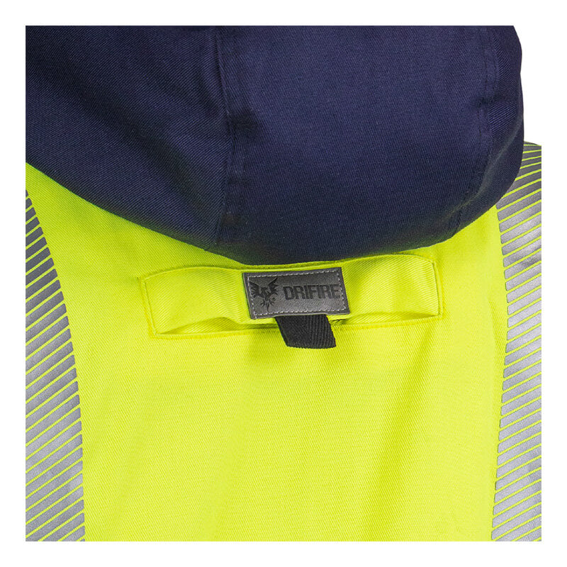 Close-up of the back of the NSA DRIFIRE FR Hi-Vis Insulated Jacket JKT-01C3-HV, featuring a high-visibility yellow flame resistant design with reflective strips and a black “DRAFFIRE” label below the collar. This jacket is ANSI/ISEA 107 compliant, providing enhanced safety and visibility.
