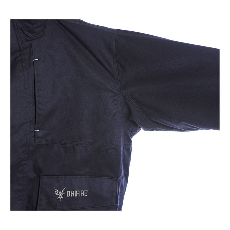 A close-up of the NSA DRIFIRE FR Insulated Jacket JKT-01UD shows the upper left portion and sleeve, with a front pocket and the "DRIFIRE" logo in white featuring a flame icon.