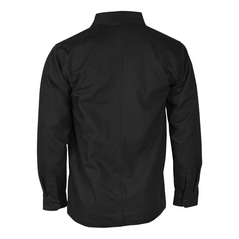 The NSA DRIFIRE FR Range Flex Shirt Jacket JKT-6B is a black, long-sleeve button-up with a straight collar and buttoned cuffs. Shown from the back, it has a simple, clean design—ideal flame-resistant workwear with no visible logos or patterns.