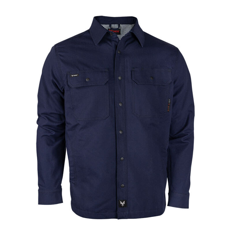 The NSA DRIFIRE FR Range Flex Shirt Jacket JKT-6B in navy features long sleeves, a button-up front, two chest pockets, and a collar—ideal flame-resistant workwear combining safety and style.