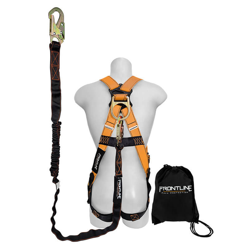 A white mannequin wears the Frontline Combat Compliance Kit Harness with a 6' single leg lanyard from Frontline Fall Protection. Next to it is a black "FRONTLINE FALL PROTECTION" drawstring bag, making this a reliable compliance kit.