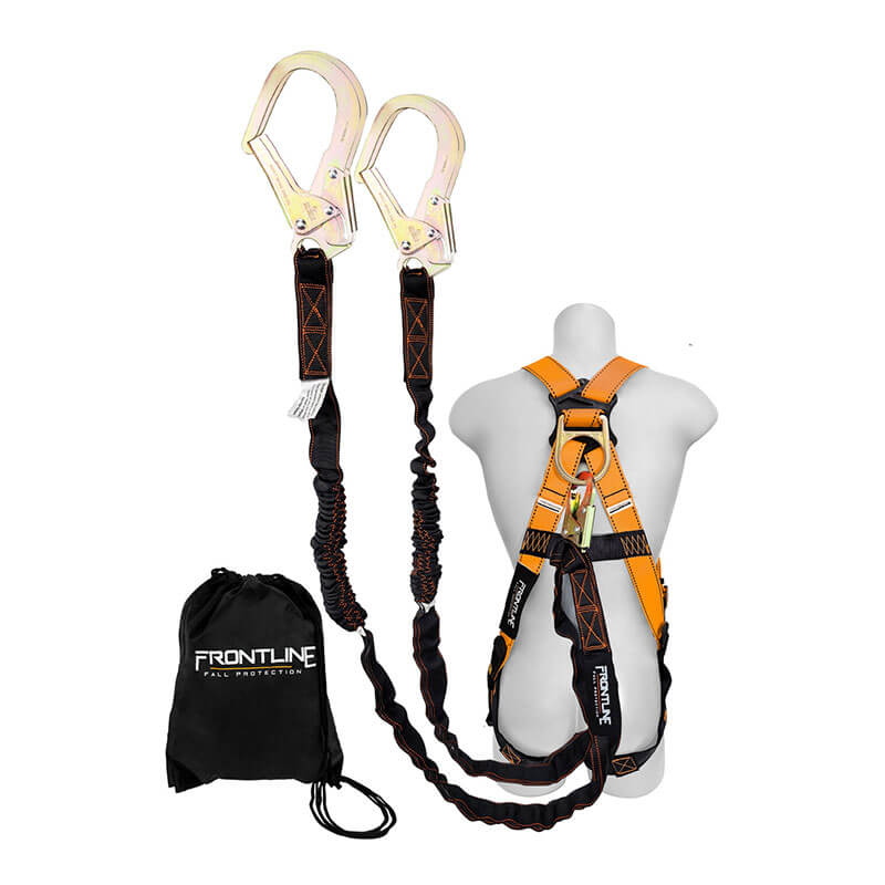 The Frontline Fall Protection Combat Compliance Kit Harness features orange and black straps, a 6' double rebar lanyard with two large hooks, and comes with a branded black drawstring bag, all shown on a mannequin.