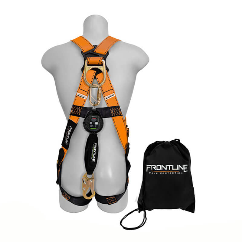 A mannequin wears the Frontline Combat Compliance Kit Harness, 6' SRL K100-RPW061S by Frontline Fall Protection, featuring orange and black straps and a fall protection lanyard; a branded black drawstring bag sits beside it.