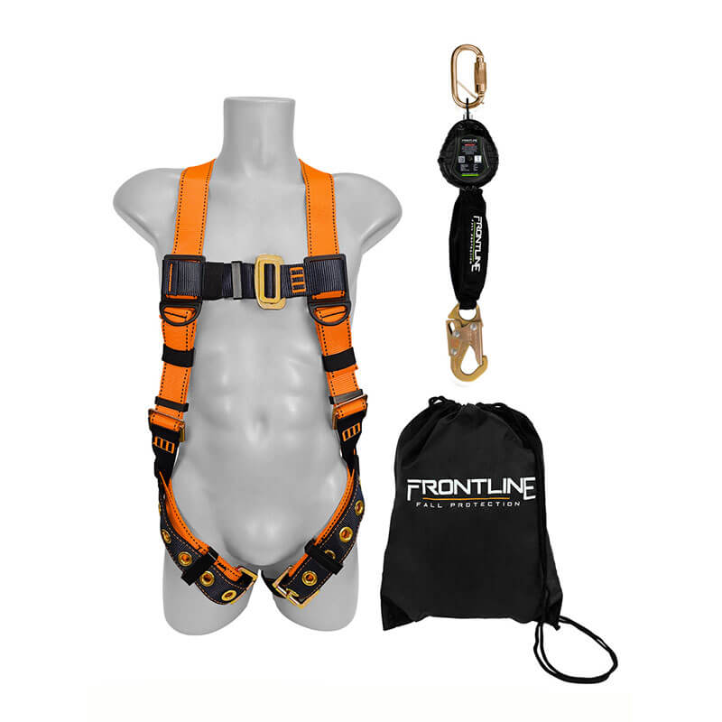 A mannequin displays the Frontline Combat Compliance Kit Harness with a 6' SRL K100-RPW061S by Frontline Fall Protection, shown with a lanyard, hooks, and branded storage bag—a complete jobsite safety kit.