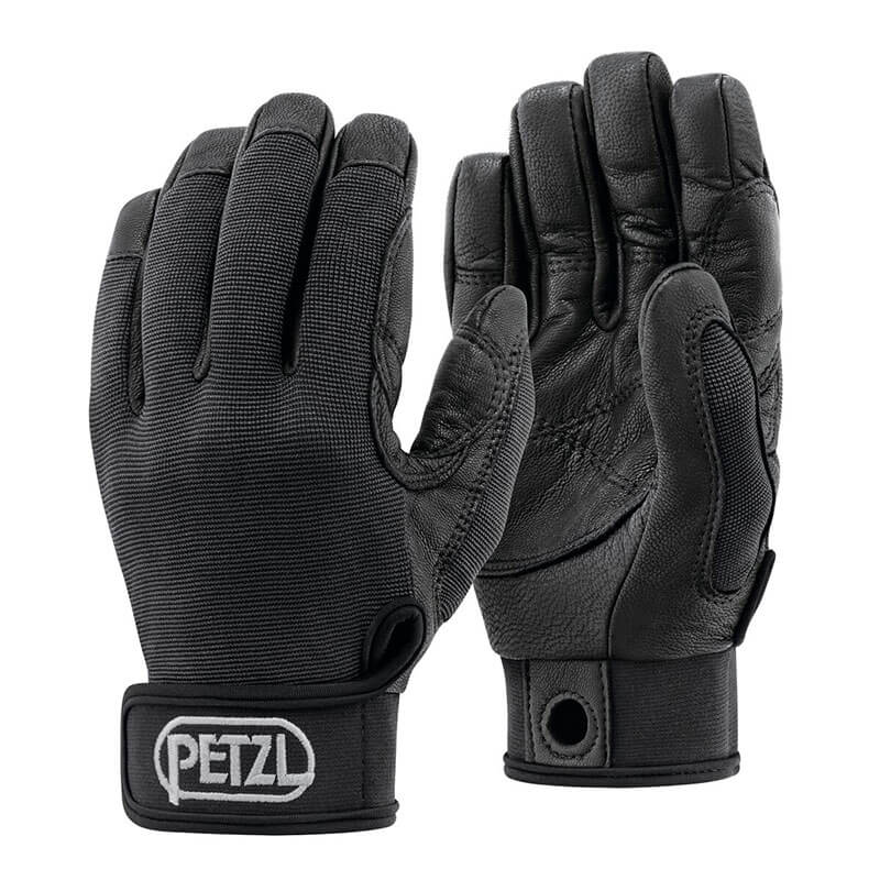 The Petzl Cordex Lightweight Belay and Rappel Glove K52 in black features durable leather, reinforced palms, and adjustable wrist closures, shown displaying both the front and back sides.