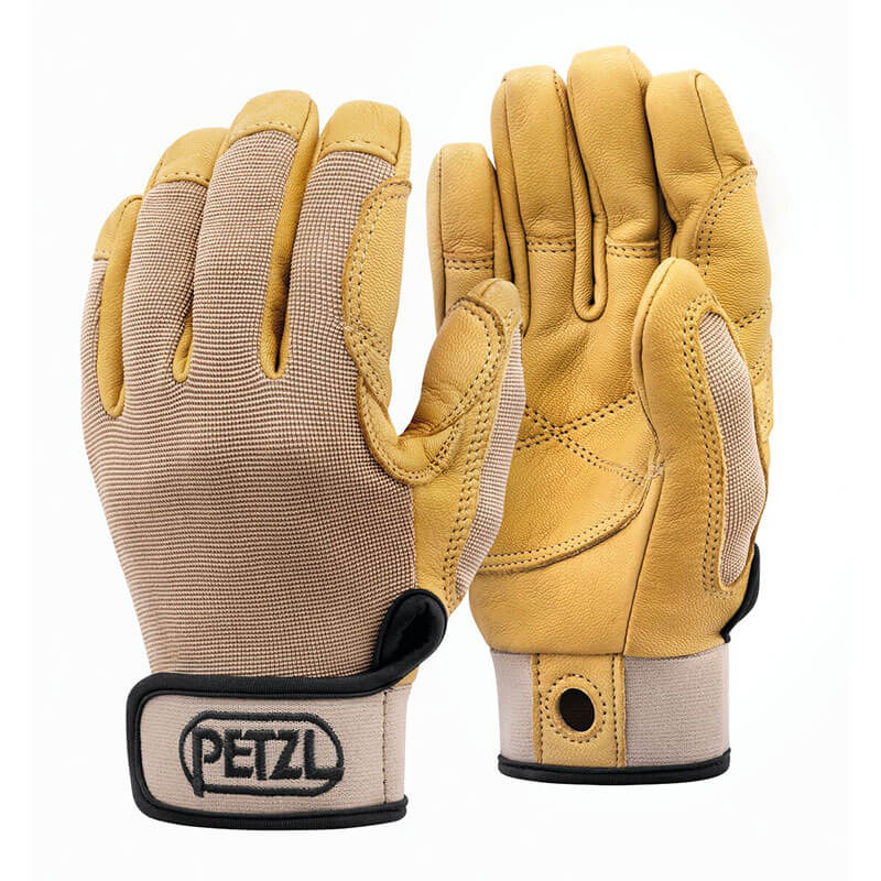 The Petzl Cordex Lightweight Belay and Rappel Glove K52, shown in tan, features durable leather with reinforced palms and adjustable wrist straps, ideal for rope access and displayed against a white background.