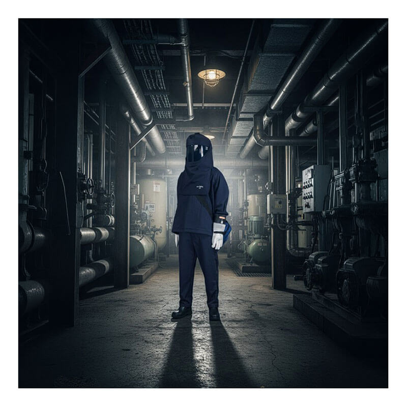 An individual in NSA’s Enespro HRC4 Kit Arc 40 Indura Ultra Soft (With Gloves) stands at the center of a dimly lit industrial facility surrounded by pipes and machinery.