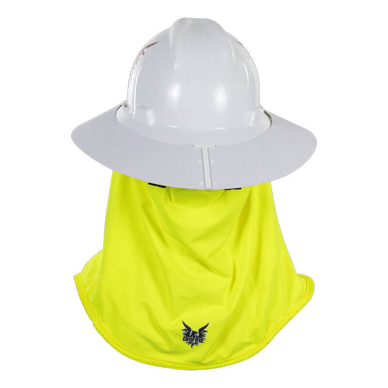 The NSA DRIFIRE Hard Hat Sunshade Kit (KITDFSUNSHD) features a white hard hat, wide gray brim, and bright yellow Cooling Neck Shade with a black logo at the center bottom, offering added UV protection.