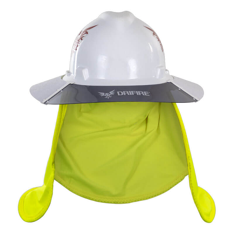 The NSA DRIFIRE Hard Hat Sunshade Kit KITDFSUNSHD features a white hard hat with a gray "DRIFIRE" face shield and a bright yellow sunshade that covers the back and sides, offering added UV protection for jobsite sun safety.