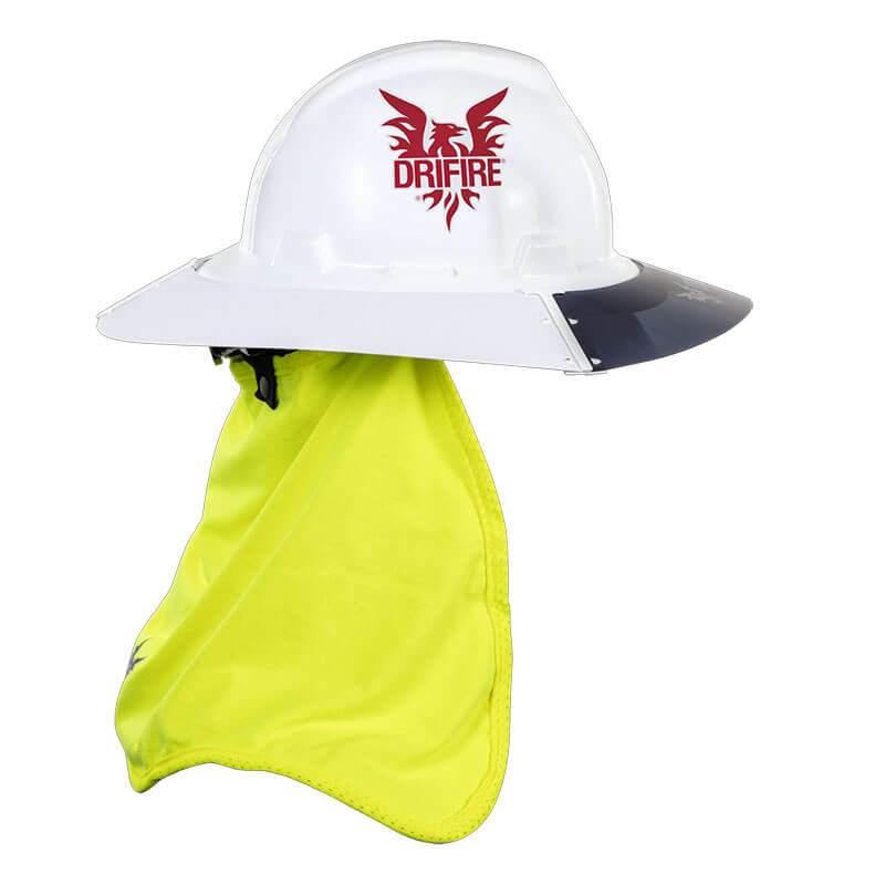 The NSA DRIFIRE Hard Hat Sunshade Kit (KITDFSUNSHD) includes a white hard hat with a red "DRIFIRE" logo, flame graphic, wide dark visor, and a bright yellow sunshade at the back for UV protection.