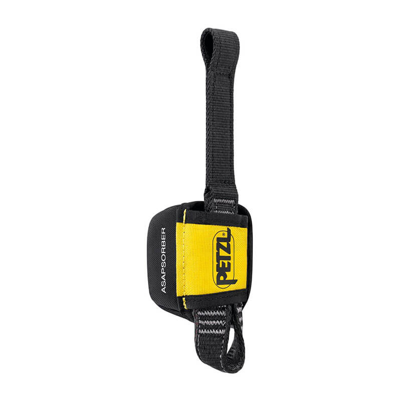 The Petzl ASAP'SORBER L071AB0_ is a black and yellow energy absorber with loop and strap, designed by Petzl for fall protection in climbing or safety applications.