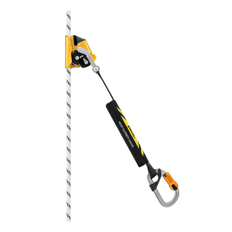 The Petzl ASAP'SORBER AXESS L071CC00, a yellow and black fall arrest device by Petzl, attaches to a vertical rope for rope access and features a carabiner clip plus an integrated energy absorber lanyard.