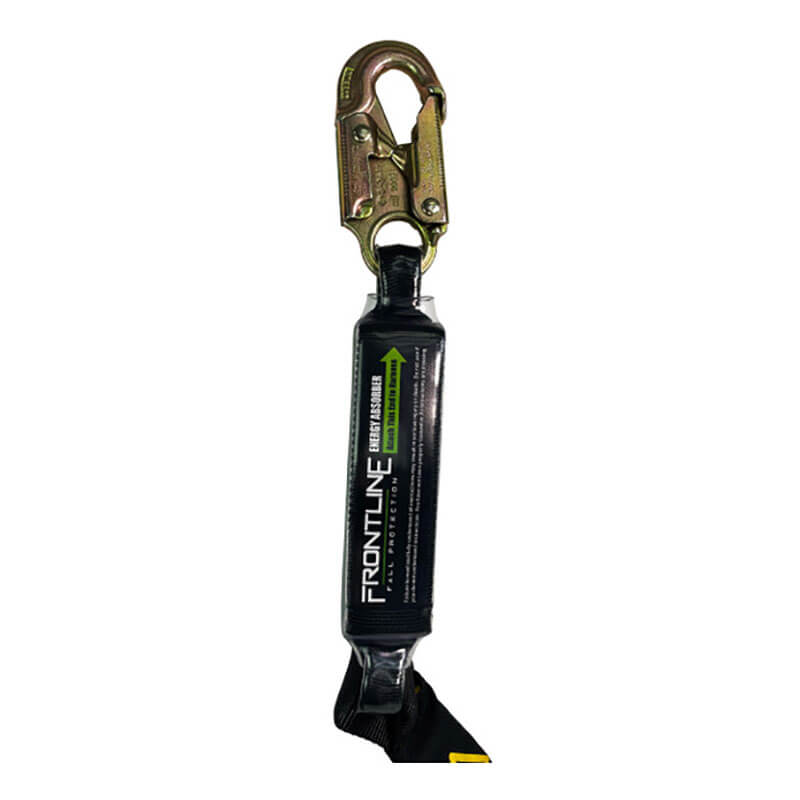 Close-up of a Frontline Patriot 6' Single Leg Elastic Lanyard with Snaphooks by Frontline Fall Protection—metal hook attached to shock-absorbing pack labeled "FRONTLINE", made with high-strength polyester webbing for workplace fall protection.