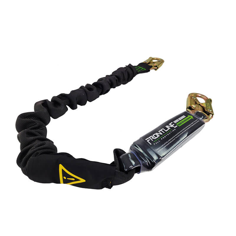 The Frontline Fall Protection Patriot 6' Single Leg Elastic Lanyard features high-strength polyester webbing, snaphooks on both ends, a "Frontline" shock absorber pack, and a yellow warning symbol on its protective sleeve.