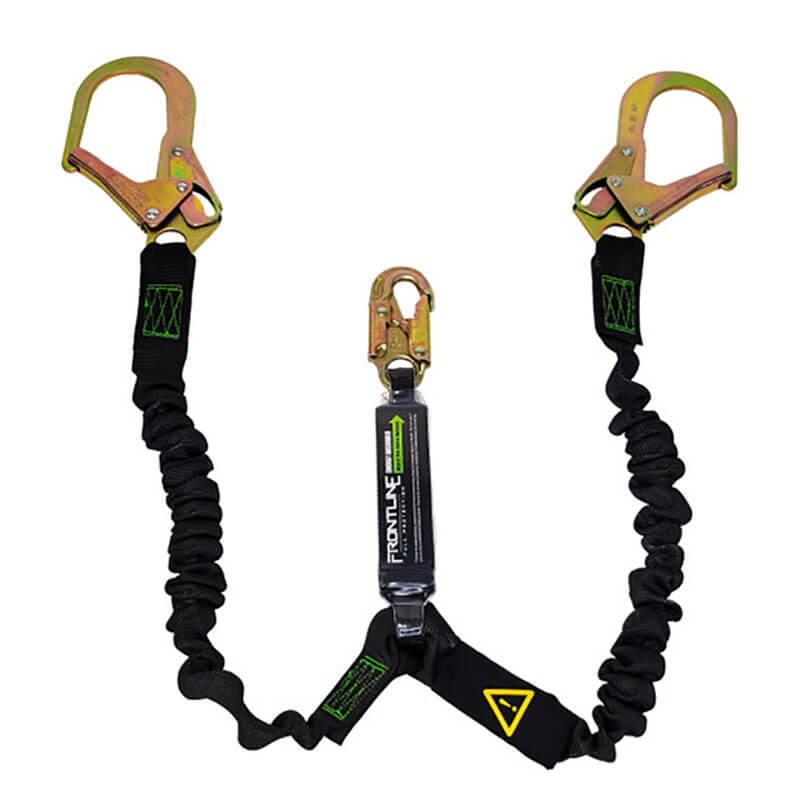 The Frontline Fall Protection Patriot 6' Double Leg Elastic Lanyard with rebar hook ends offers enhanced fall protection for construction or industrial use, featuring two large hooks and a central connector for secure attachment.