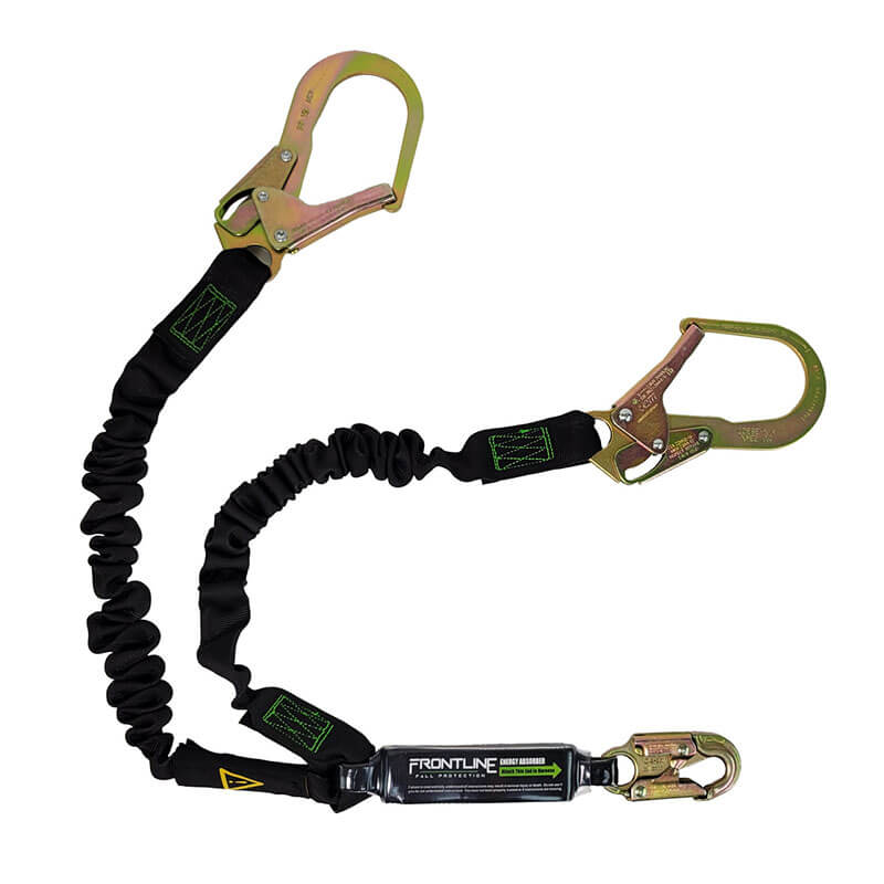 The Frontline Fall Protection Patriot 6' Double Leg Elastic Lanyard features two large gold rebar hooks and a small snap hook, ideal for fall protection in construction or industrial settings.