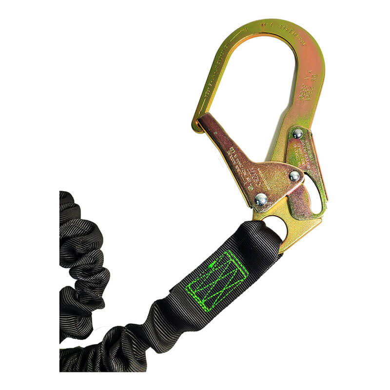 A close-up of a metal safety hook on the Frontline Patriot 6' Double Leg Elastic Lanyard with rebar hook ends by Frontline Fall Protection, featuring green stitching, used for fall protection or construction safety harnesses.