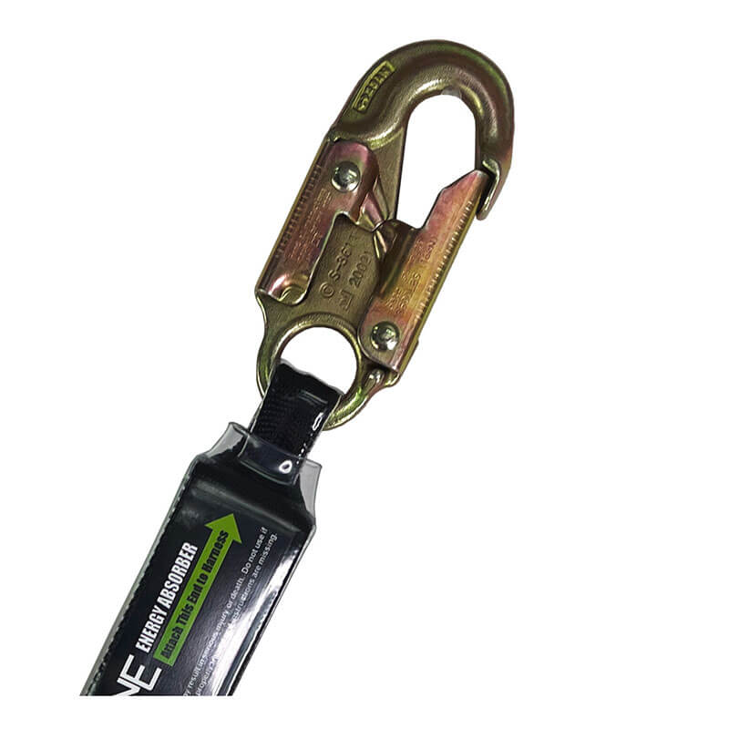 Close-up of the Frontline Patriot 6' Double Leg Elastic Lanyard with Rebar Hook Ends by Frontline Fall Protection, featuring an energy absorber and large snap hooks for construction or industrial fall protection, isolated on a white background.