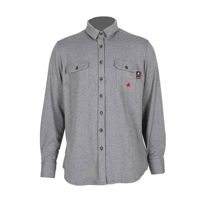 Introducing the ForgeFR Ladies Knit Shirt LFRB1PS026: This long-sleeved, button-up shirt in gray offers both style and safety. It includes two buttoned chest pockets, a folded collar, and a subtle red embroidered drop logo on the left side for added flair. Designed for functional workwear with a touch of casual elegance.