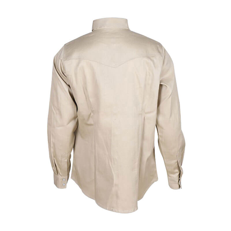 The Beige Forge FR Ladies Solid Snap Shirt LFRSLD by ForgeFR showcases a western-style pointed yoke design from the back view. It features buttoned cuffs, a straight hem, and is crafted from what appears to be cotton. The shirt is expertly stitched with aramid sewing thread for enhanced durability.