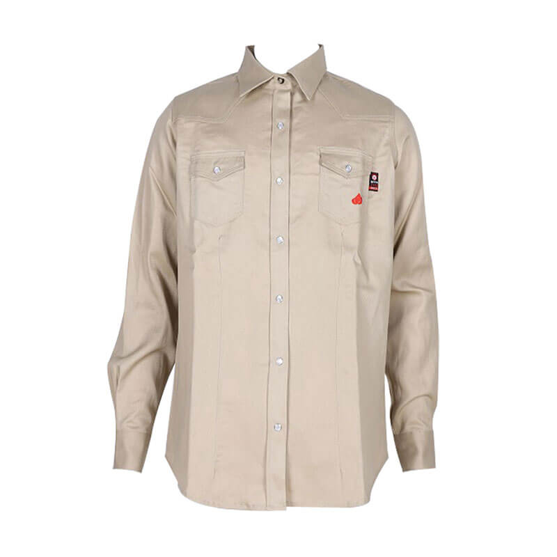 Introducing the ForgeFR "Forge FR Ladies Solid Snap Shirt LFRSLD": This beige long-sleeve fire-resistant shirt features a classic collar and two chest pockets with button flaps. Each pocket is adorned with a small embroidered logo, crafted using durable aramid sewing thread. The design complies with NFPA 2112 standards, photographed against a plain backdrop.