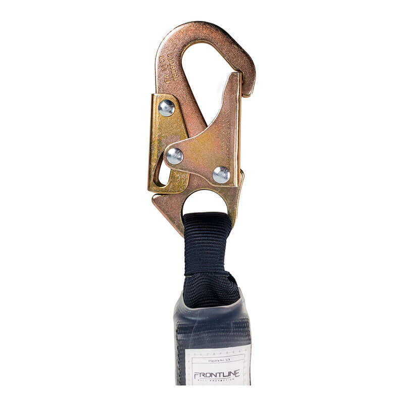A close-up of the Frontline Fall Protection Combat 3' Single Leg Snaphook Lanyard with Shock Absorber attached to a black strap. The metal hook features a secure locking mechanism for enhanced safety in fall protection systems.