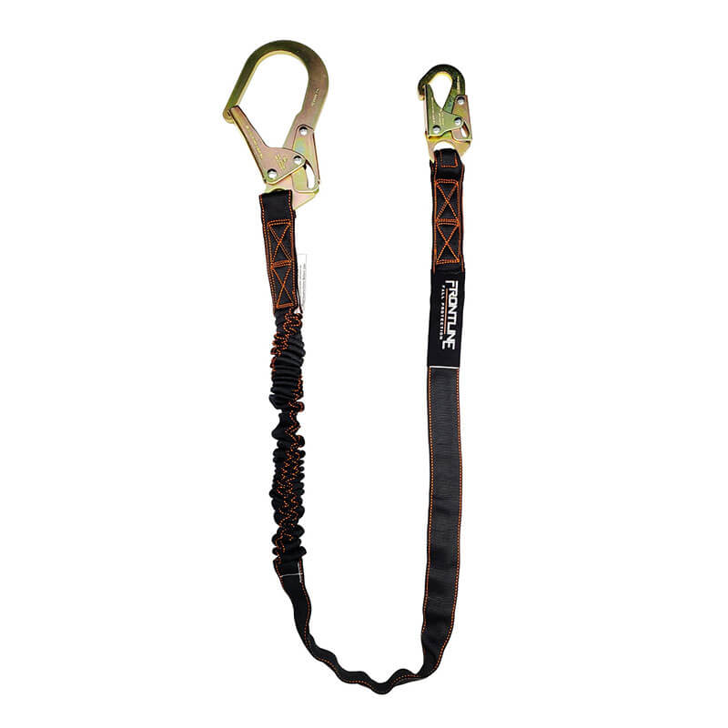 The Frontline Combat 6' Single Leg Lanyard w/Shock Absorber by Frontline Fall Protection is a black and orange lanyard with two metal hooks, designed for fall protection in construction or industrial environments.