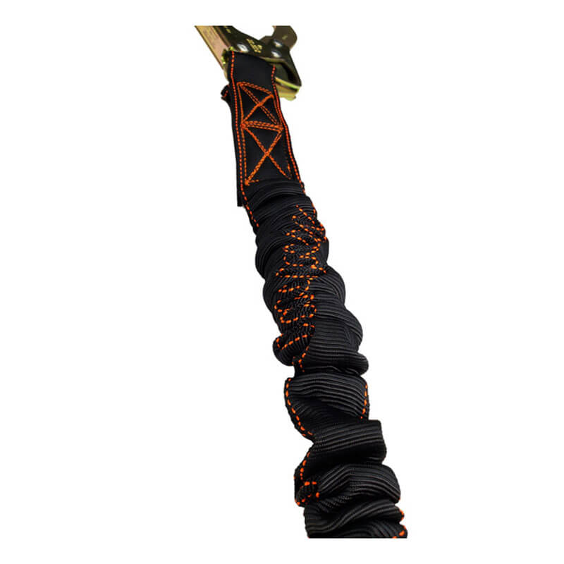 A close-up of the Frontline Fall Protection Frontline Combat 6' Single Leg Lanyard with Shock Absorber, featuring black coiled design and orange stitching, isolated on a white background.
