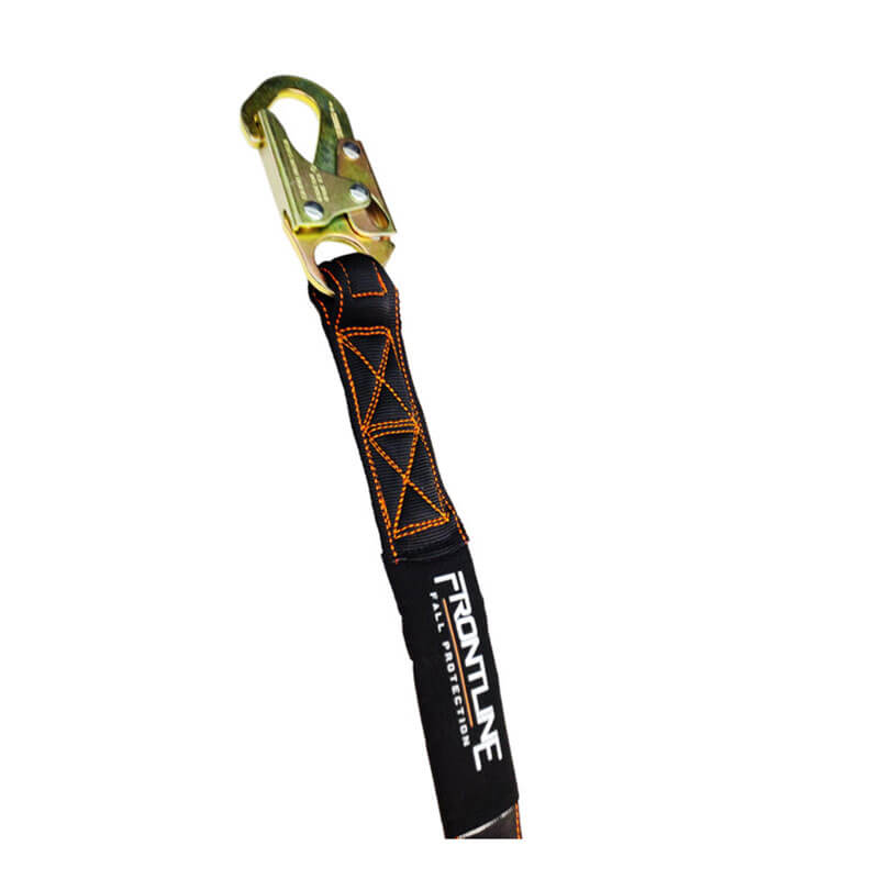 The Frontline Combat 6' Single Leg Lanyard w/Shock Absorber by Frontline Fall Protection features a metal snap hook, internal shock absorber, black fabric cover, and orange stitching for reliable safety in construction or industrial use.