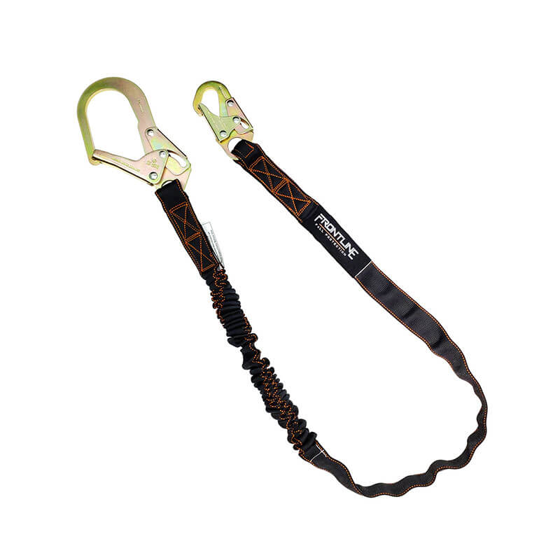 The Frontline Fall Protection Combat 6' Single Leg Lanyard w/Shock Absorber features black webbing with orange stitching and metal hooks on both ends, providing reliable fall protection for construction or industrial use.