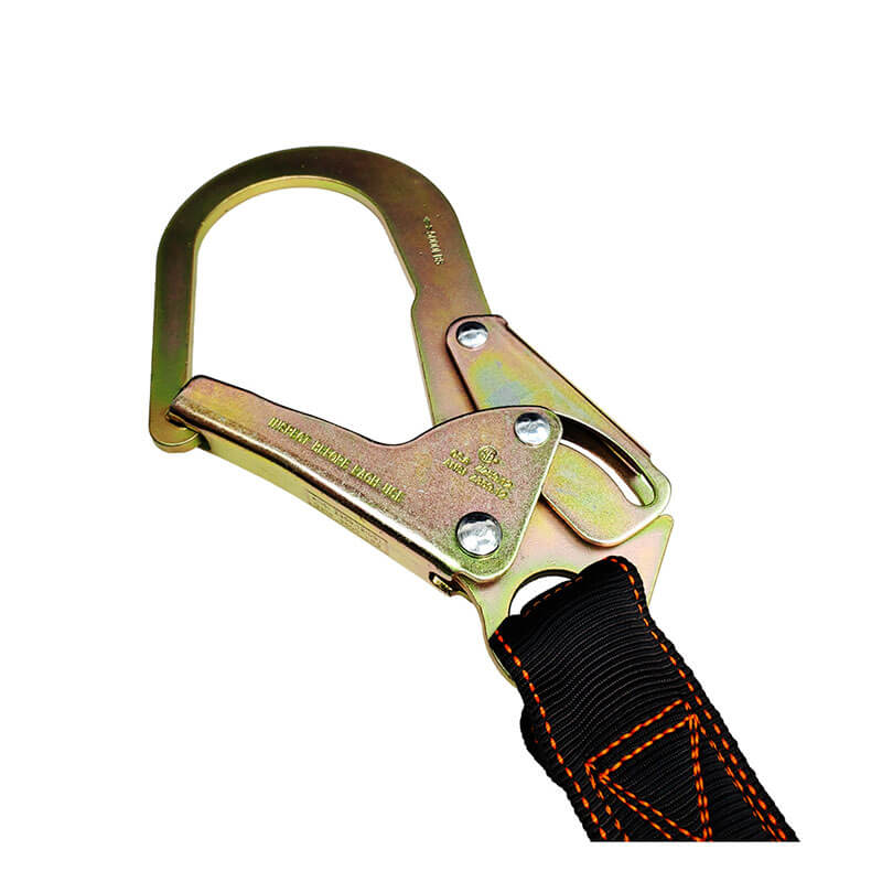 The Frontline Combat 6' Single Leg Lanyard w/Shock Absorber by Frontline Fall Protection features a metallic safety hook with a spring-loaded gate, black strap with orange stitching, and an internal shock absorber for fall protection.