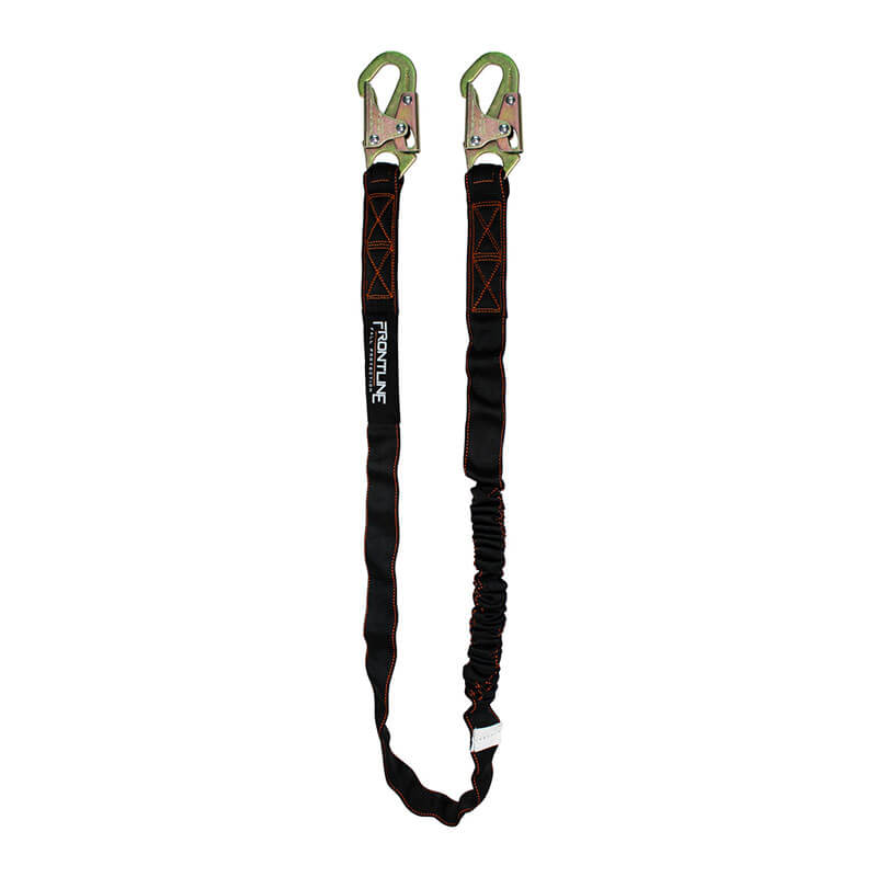 The Frontline Combat 6' Single Leg Lanyard w/Shock Absorber by Frontline Fall Protection features black webbing with orange stitching, two green metal hooks, and an internal shock absorber for fall protection in construction or industrial work.