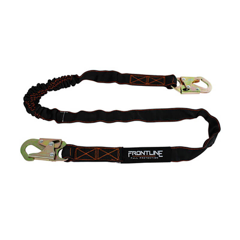 The Frontline Combat 6' Single Leg Lanyard w/Shock Absorber features black webbing, orange stitching, metal hooks at both ends, and provides reliable fall protection from Frontline Fall Protection.