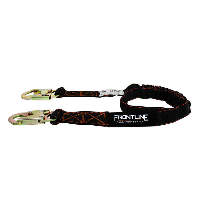 The Frontline Combat 6' Single Leg Lanyard w/Shock Absorber by Frontline Fall Protection features black webbing with orange stitching, metal hooks on both ends, an internal shock absorber, and a label showing the brand name.