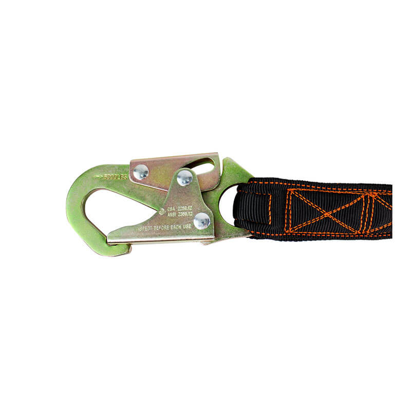 A close-up of a metal snap hook on the Frontline Combat 6' Single Leg Lanyard with Shock Absorber by Frontline Fall Protection, featuring a black strap with orange stitching for reliable fall protection in safety harness systems.