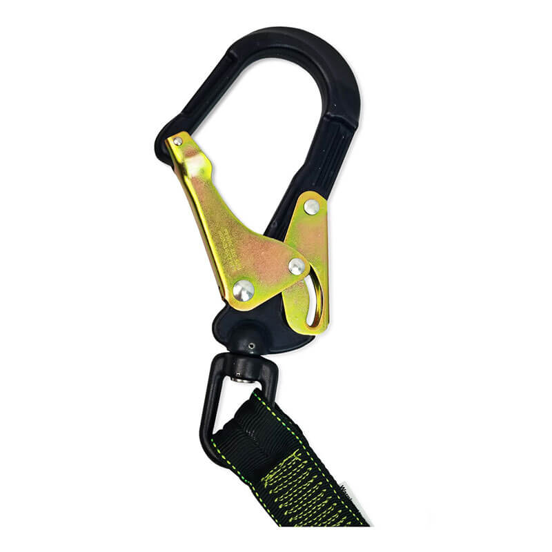 A close-up of the Frontline Fall Protection Elite Elastic 6' Twin Leg Aluminum Rebar Hook Lanyard shows its black lanyard strap with yellow stitching and a metal safety-latch hook in a black and gold finish.